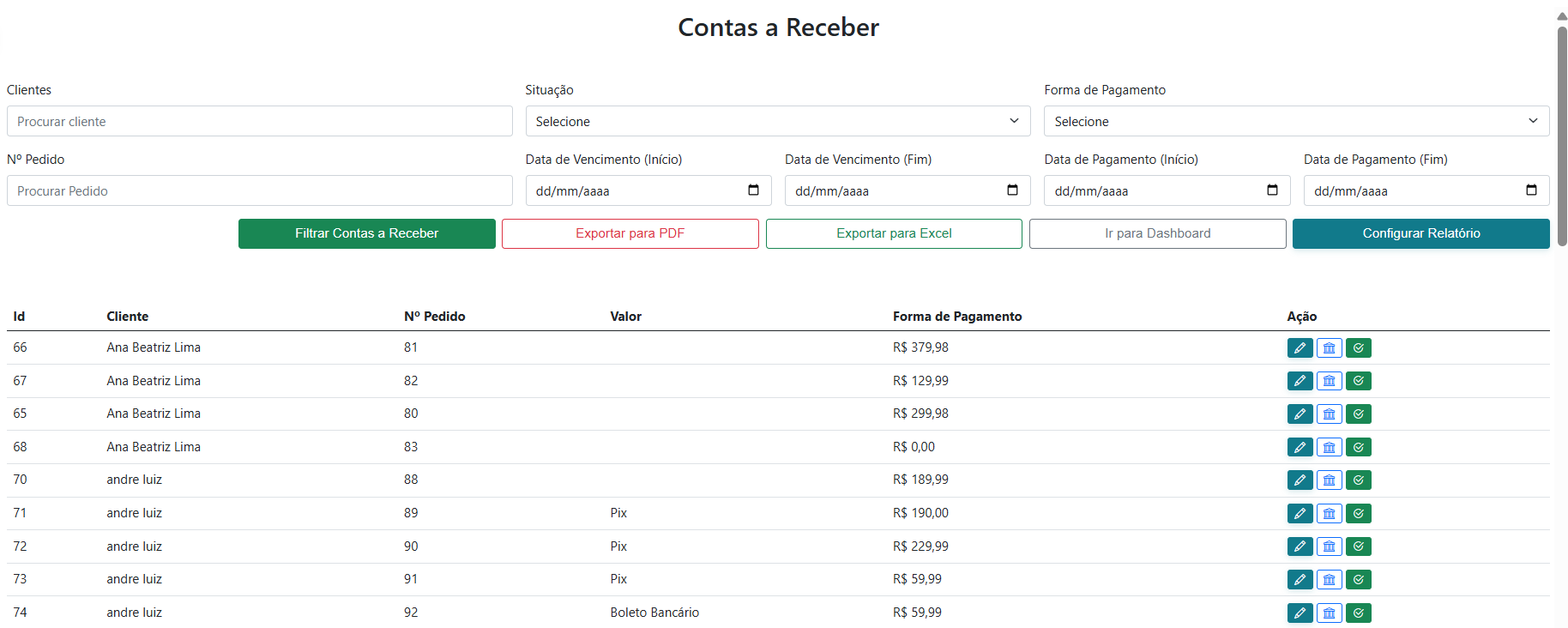 Visualização do Contas a Receber na Área Administrativa