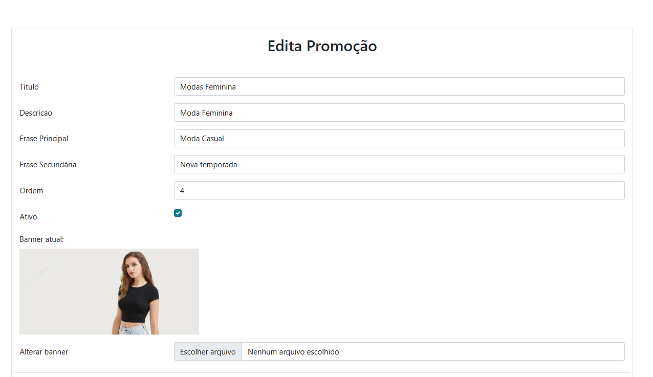 Visualização da Edição de Promoções na Área Administrativa